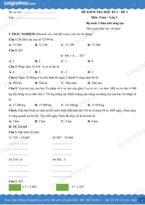 Đề kiểm tra học kì 2 Toán 3 Chân trời sáng tạo - Đề số 3